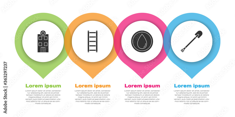 设置医疗医院大楼、消防通道、水滴和消防铲。商业信息图模板