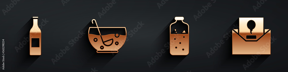 Set Beer bottle, Mixed punch in bowl, Mulled wine and Invitation icon with long shadow. Vector.