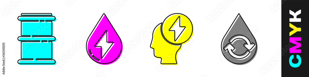 Set Barrel, Water energy, Head and electric symbol and Recycle clean aqua icon. Vector.