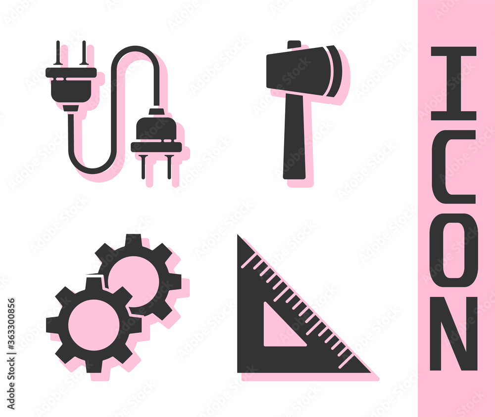 Set Triangular ruler, Electric plug, Gear and Wooden axe icon. Vector.