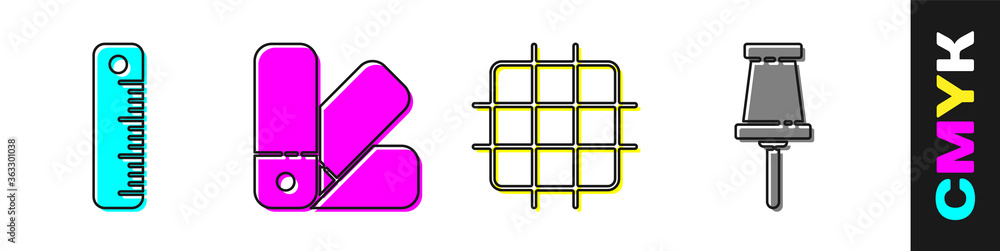 Set Ruler, Color palette guide, Grid graph paper and Push pin icon. Vector.