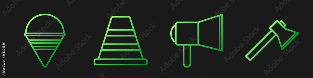 设置线扩音器，消防锥桶，交通锥和消防员斧。渐变色图标。矢量