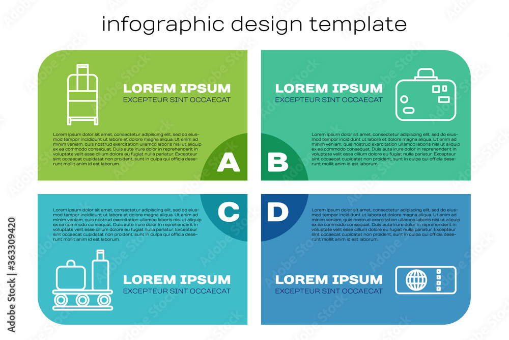 Set line Airport conveyor belt with suitcase, Suitcase, Airline ticket and Suitcase. Business infogr