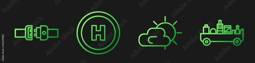 Set line Sun and cloud weather, Safety belt, Helicopter landing pad and Airport luggage towing truck