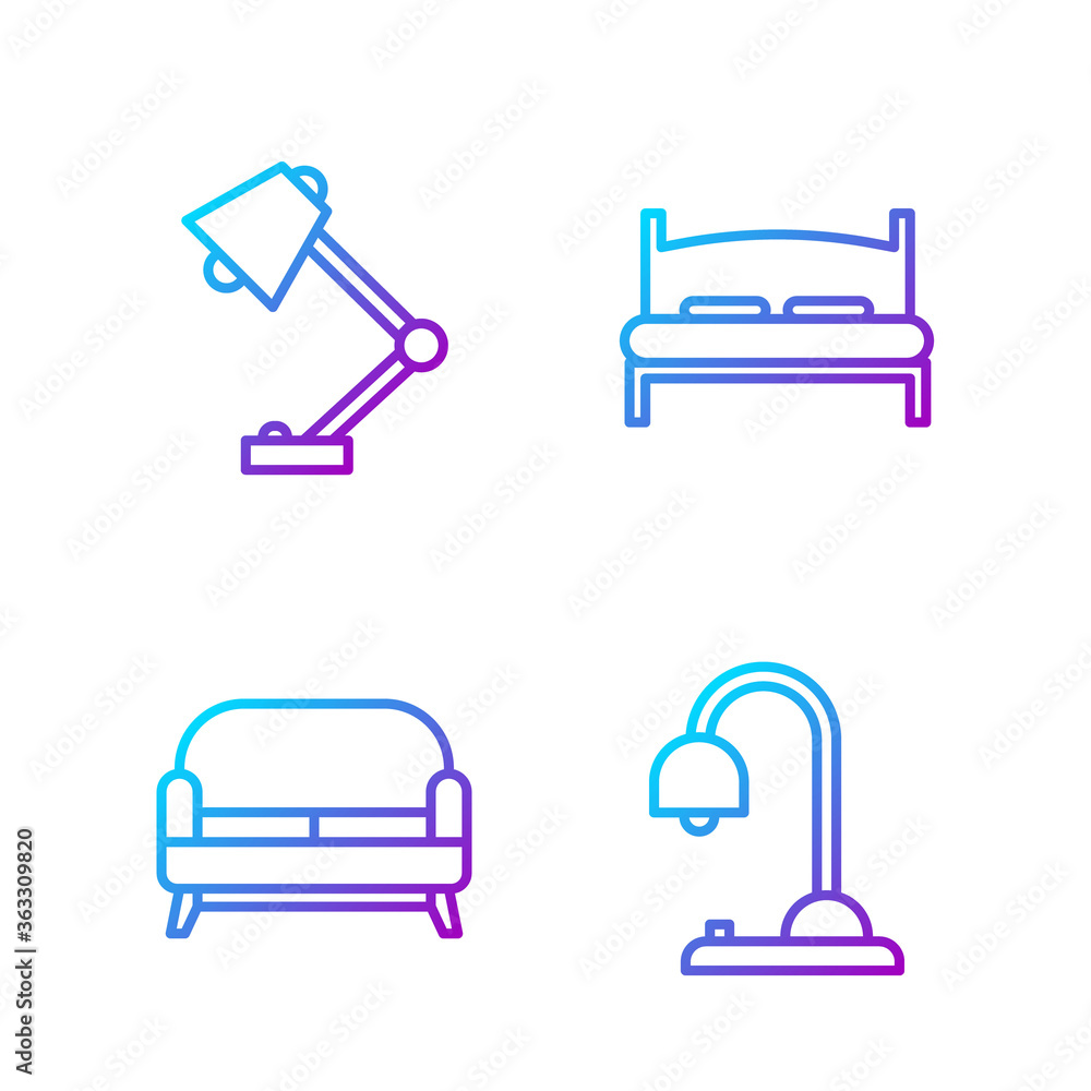 Set line Table lamp, Sofa, Table lamp and Big bed. Gradient color icons. Vector.