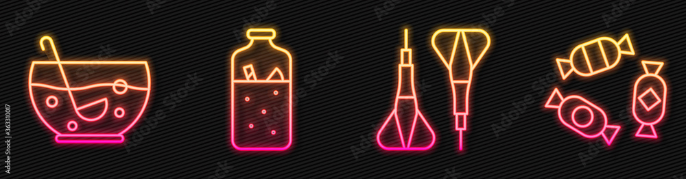 Set line Dart arrow, Mixed punch in bowl, Mulled wine and Candy. Glowing neon icon. Vector.