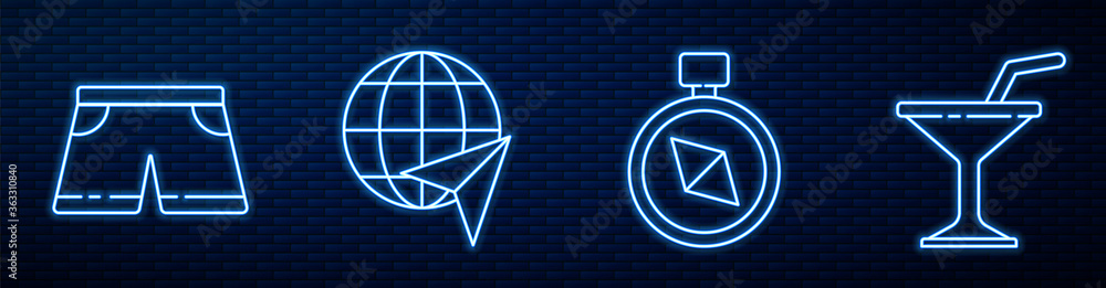 Set line Compass, Swimming trunks, Globe with flying plane and Martini glass. Glowing neon icon on b