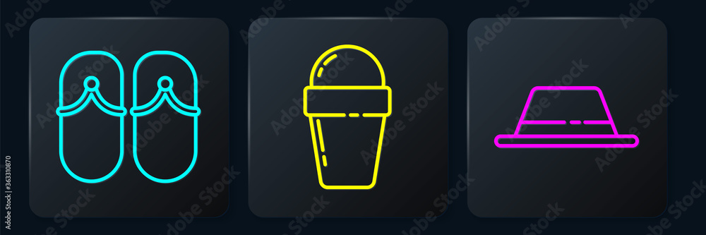 Set line Flip flops, Man hat with ribbon and Ice cream in waffle cone. Black square button. Vector.