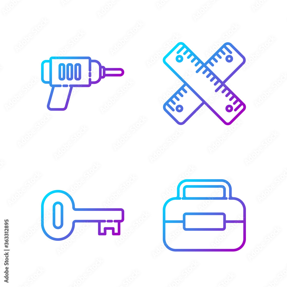 Set line Toolbox，Old key，电钻和十字尺。渐变色图标。Vector。