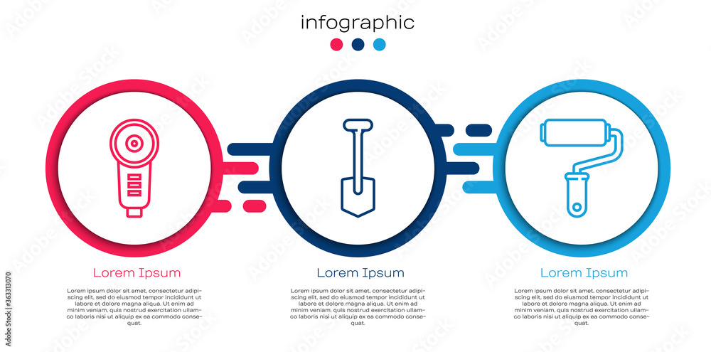 Set line Angle grinder, Shovel and Paint roller brush. Business infographic template. Vector.