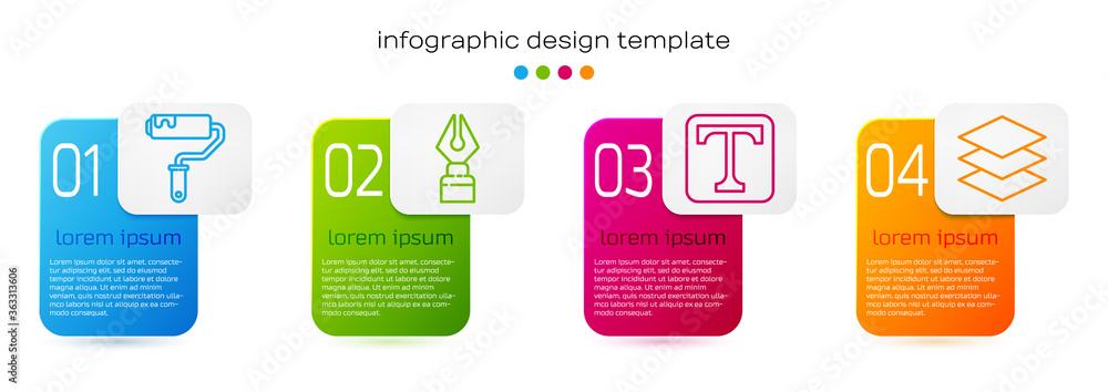 Set line Paint roller brush，Fountain pen nib，Text and Layers。商业信息图模板。Vecto
