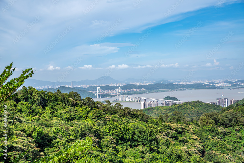 广州南沙黄山路森林公园俯瞰珠江口海岸