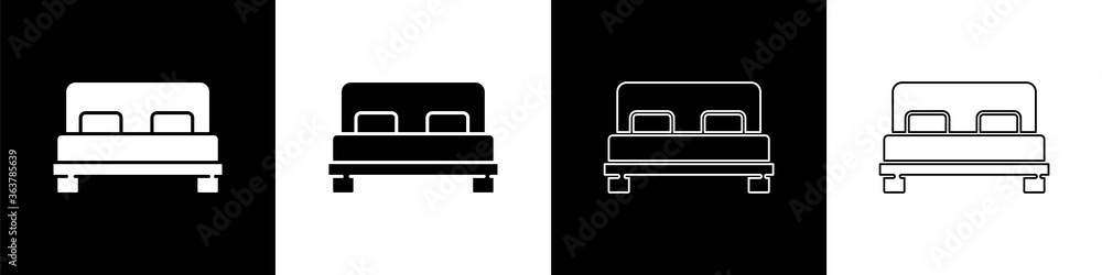 为黑白背景上隔离的两人或一人设置大床图标。矢量插图。