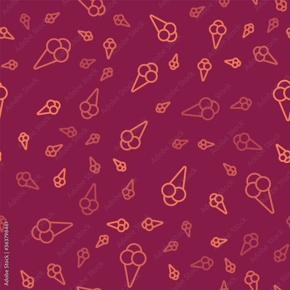 Brown line Ice cream in waffle cone icon isolated seamless pattern on red background. Sweet symbol. 