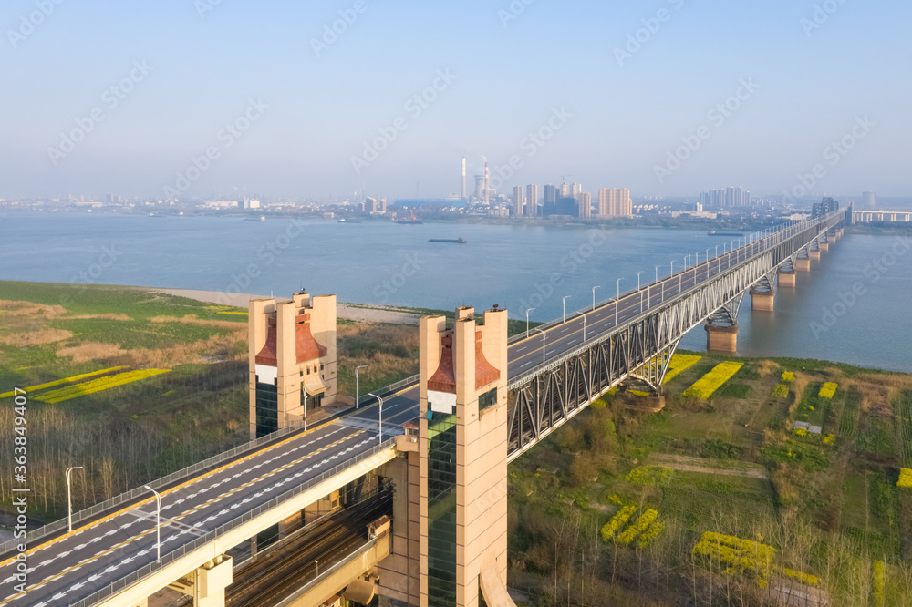 aerial view of the jiujiang yangtze river bridge in spring