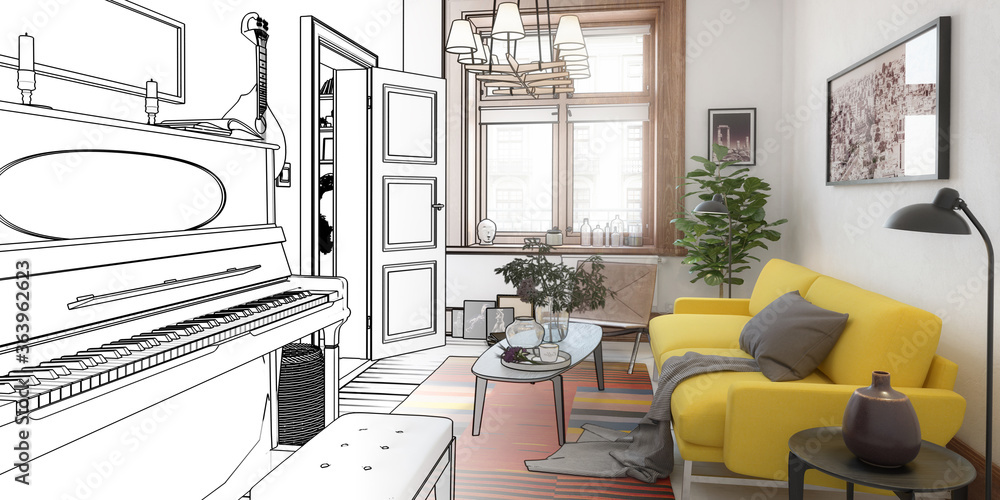 Modern Sitting Room Inside a Fresh Renovated Building (draft) - panoramic 3d visualization