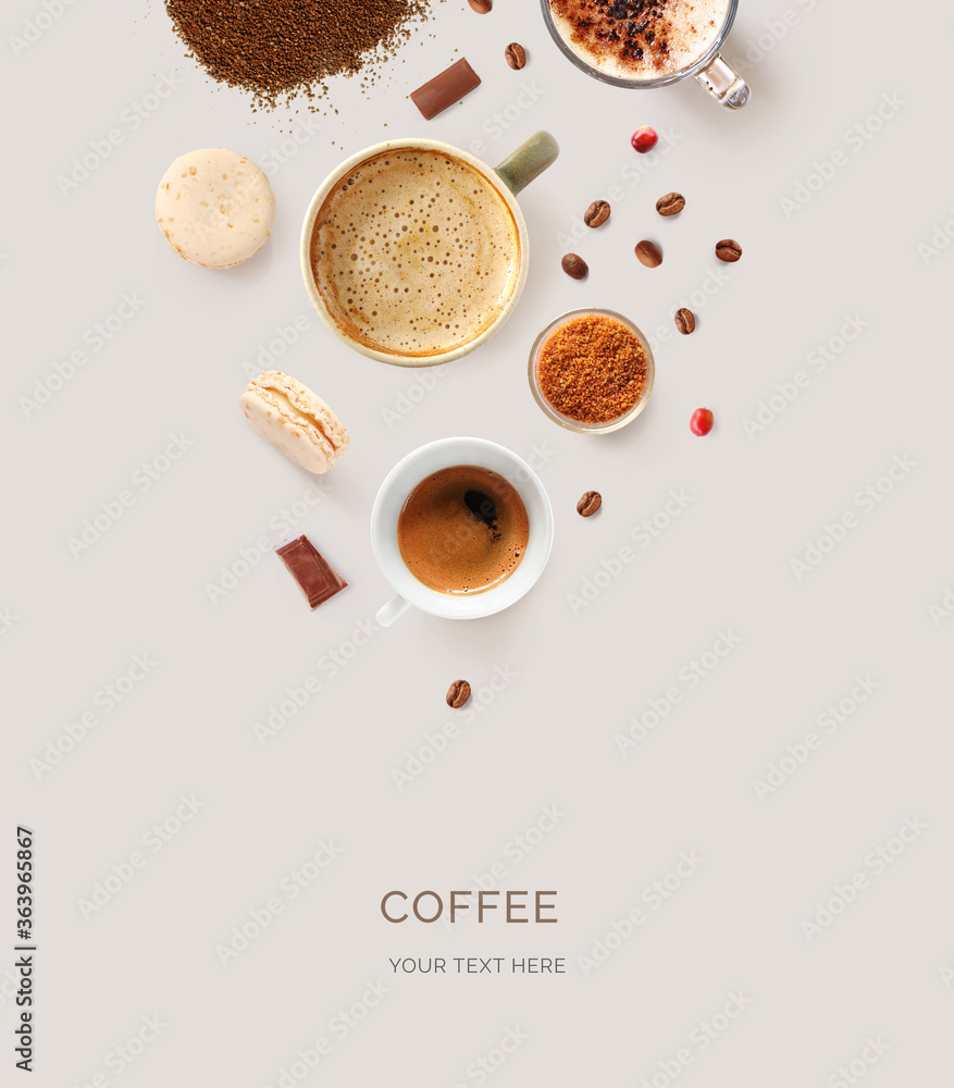 Creative layout made of cups of black coffee, cappuccino, expresso on beige background.Flat lay. Foo