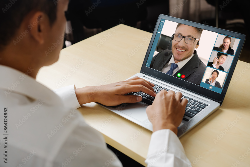 Video call business people meeting on virtual workplace or remote office. Telework conference call u