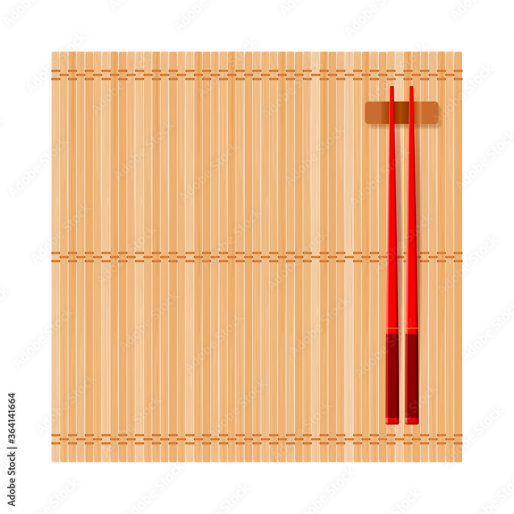 竹垫和木制中国筷子放在上面。俯视图。平放方形构图。隔离