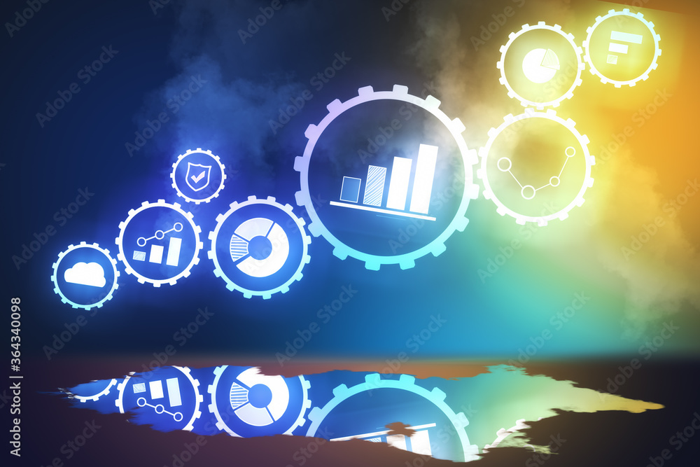 Stock charts and statistics in cogs on virtual screen.