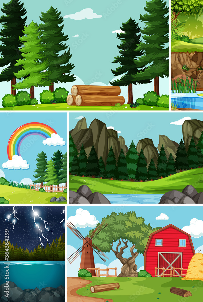 Six different scenes in nature setting cartoon style