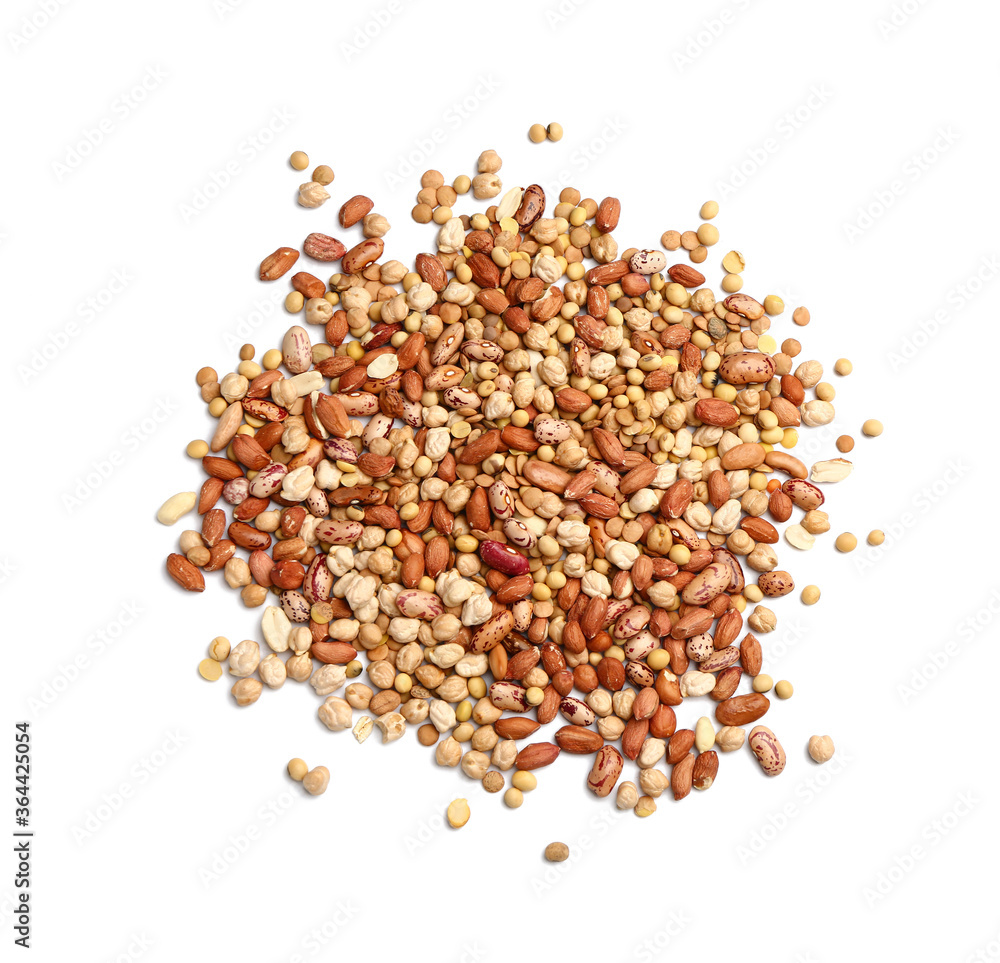 Heap of raw legumes on white background