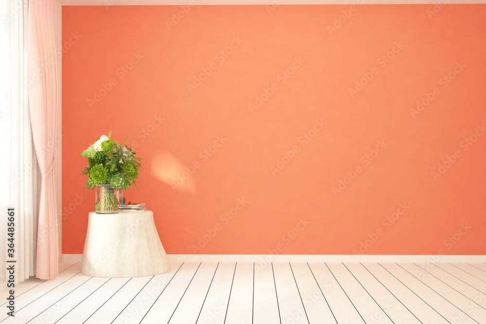 Сoral empty room with home decor. Color of the year 2019. Scandinavian interior design. 3D illustrat