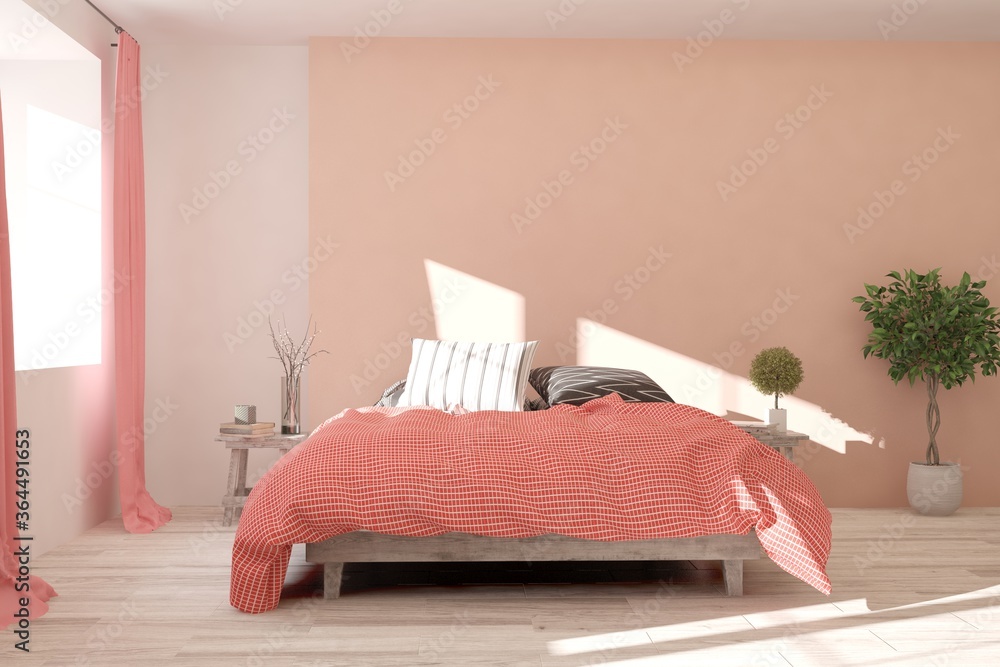 Сoral bedroom. Scandinavian interior design. 3D illustration