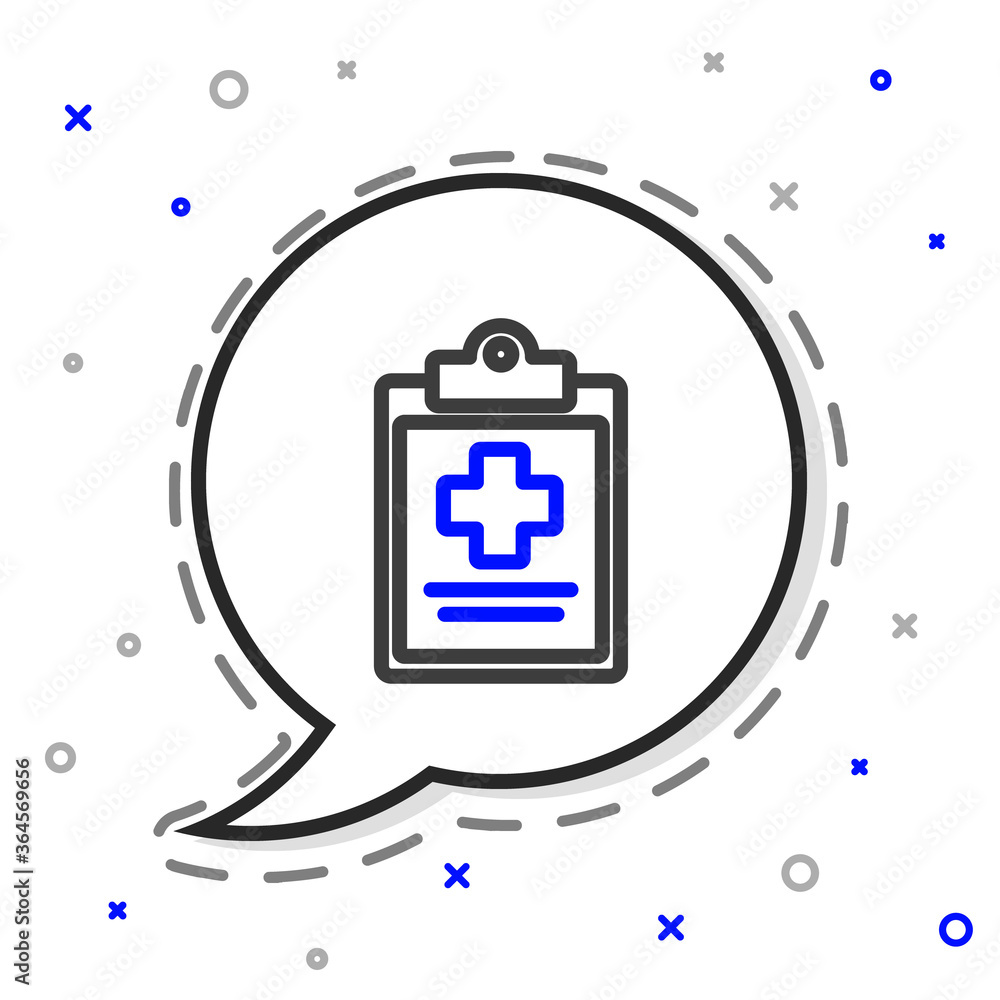 Line Medical剪贴板，白色背景上隔离有临床记录图标。健康保险表