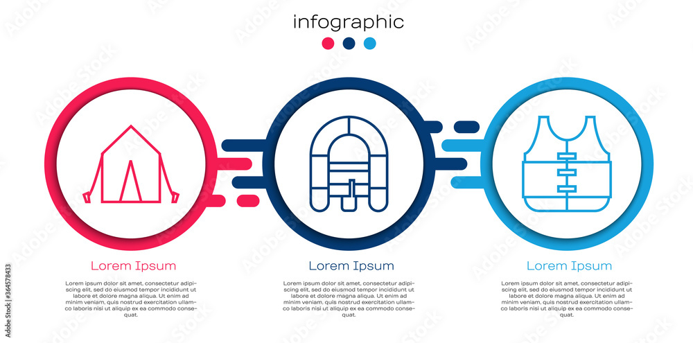 设置线路旅游帐篷、漂流船和救生衣。商业信息图模板。矢量。