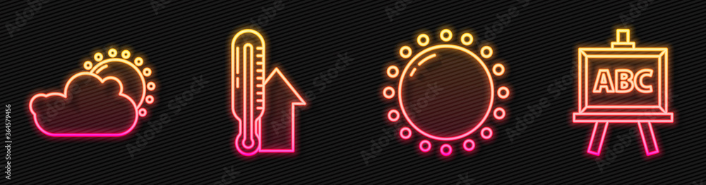 Set line Sun, Sun and cloud weather, Meteorology thermometer and Chalkboard. Glowing neon icon. Vect