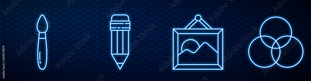 Set line Picture landscape, Paint brush, Pencil with eraser, RGB and CMYK color mixing and Tube with