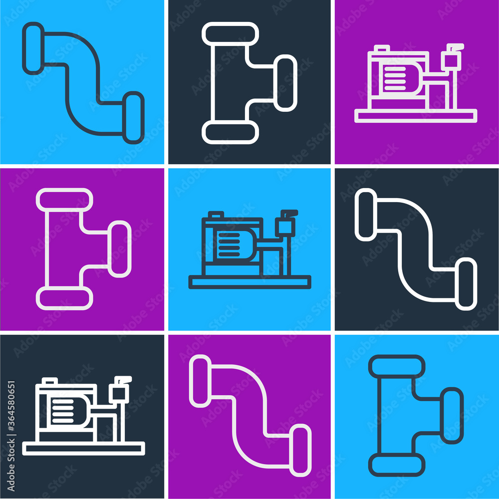 Set line Industry metallic pipe, Electric water pump and Industry metallic pipe icon. Vector.