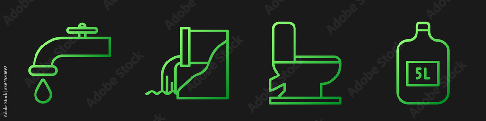 Set line Toilet bowl, Water tap, Wastewater and Big bottle with clean water. Gradient color icons. V