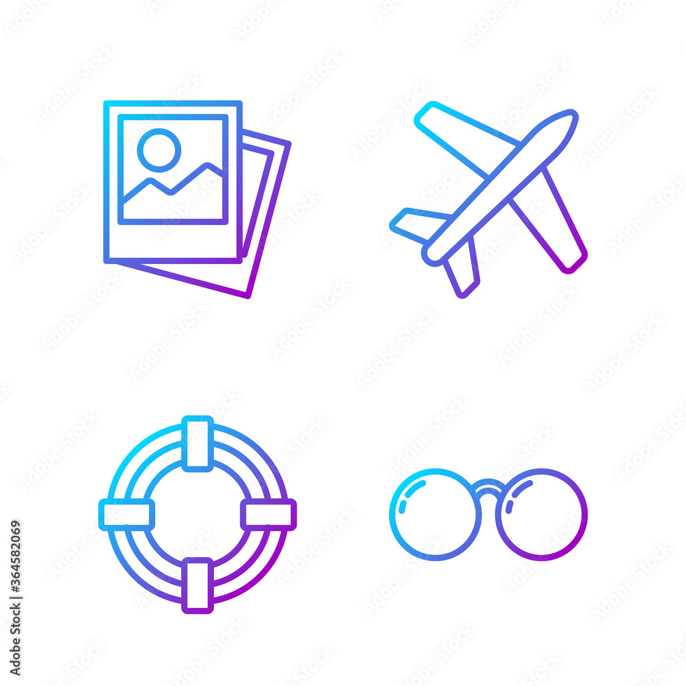 Set line Glasses, Lifebuoy, Photo and Plane. Gradient color icons. Vector.