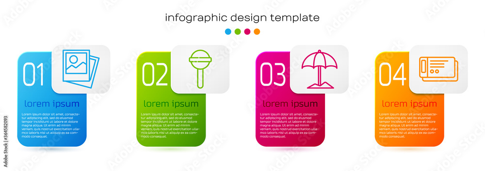 Set line Photo, Lollipop, Sun protective umbrella for beach and Travel ticket. Business infographic 