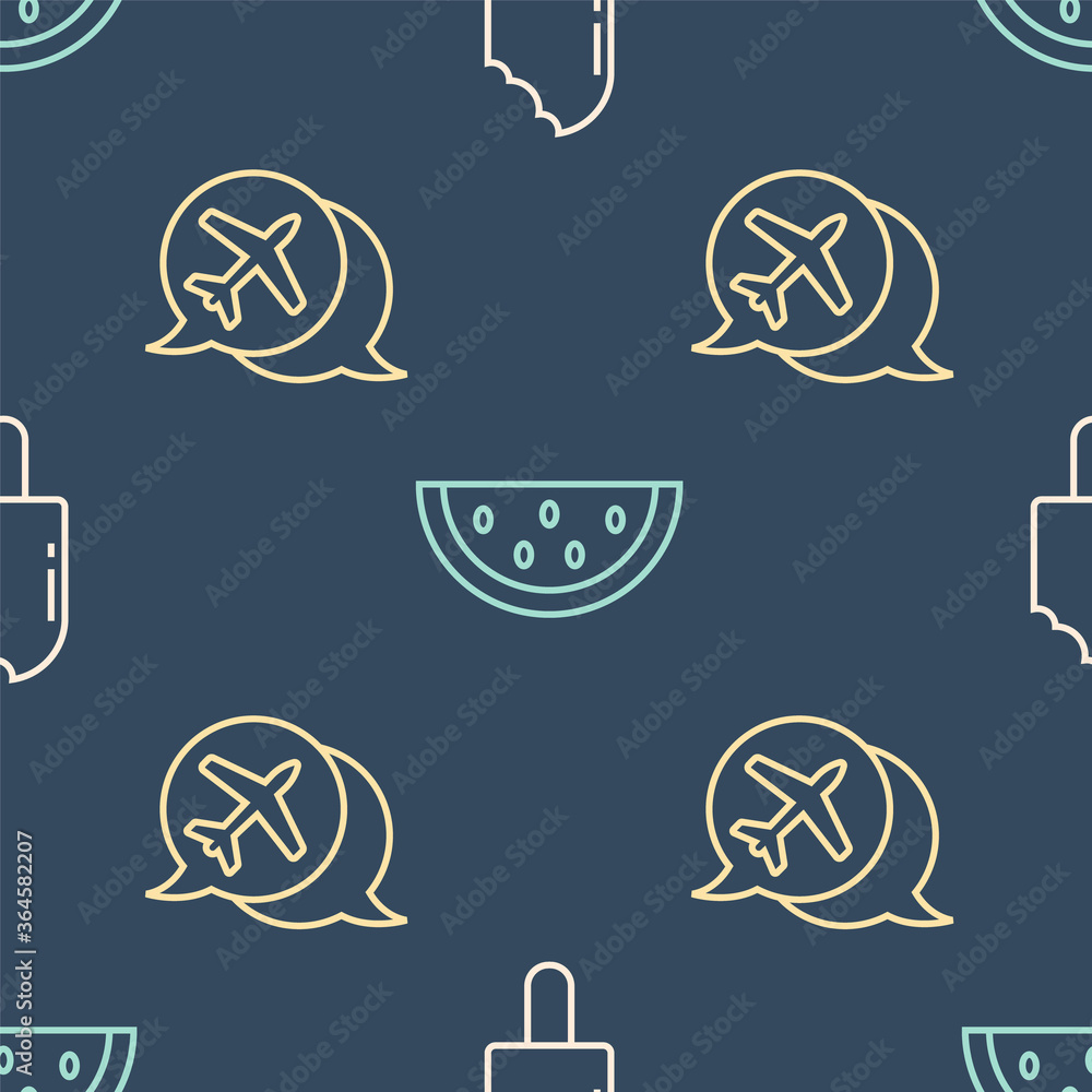 Set line Ice cream, Speech bubble with airplane and Watermelon on seamless pattern. Vector.