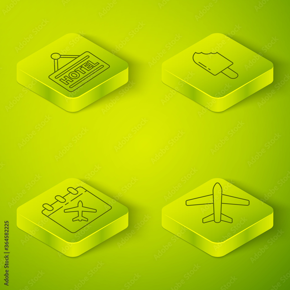 Set Isometric Ice cream, Calendar and airplane, Plane and Signboard with text Hotel icon. Vector.