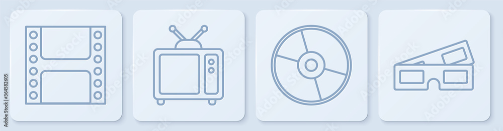 Set line Play Video, CD or DVD disk, Retro tv and 3D cinema glasses. White square button. Vector.