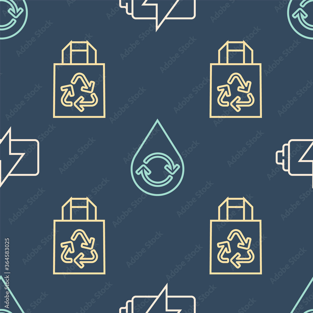 Set line Battery, Paper bag with recycle and Recycle clean aqua on seamless pattern. Vector.