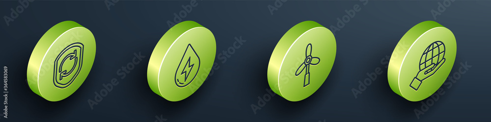 Set Isometric Recycle symbol inside shield, Water energy, Wind turbine and Hand holding Earth globe 