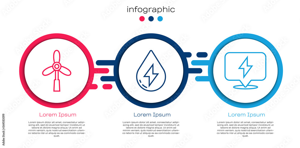 设置线风力涡轮机、水能和闪电。商业信息图模板。矢量。