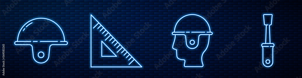 设线工人安全帽，工人安全帽、三角尺和螺丝刀。发光霓虹灯