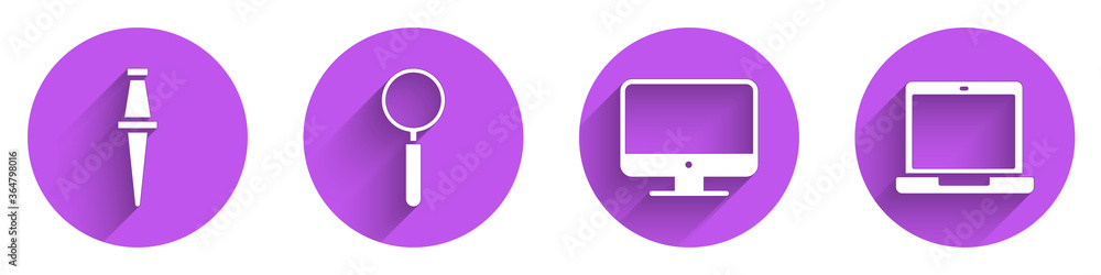 Set Push pin, Magnifying glass, Computer monitor screen and Laptop icon with long shadow. Vector.