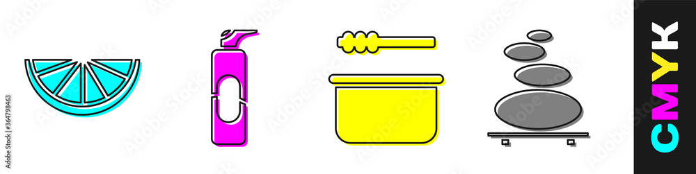 设置柑橘类水果，发胶喷雾罐，桑拿桶和勺子，堆叠热石头图标。矢量。
