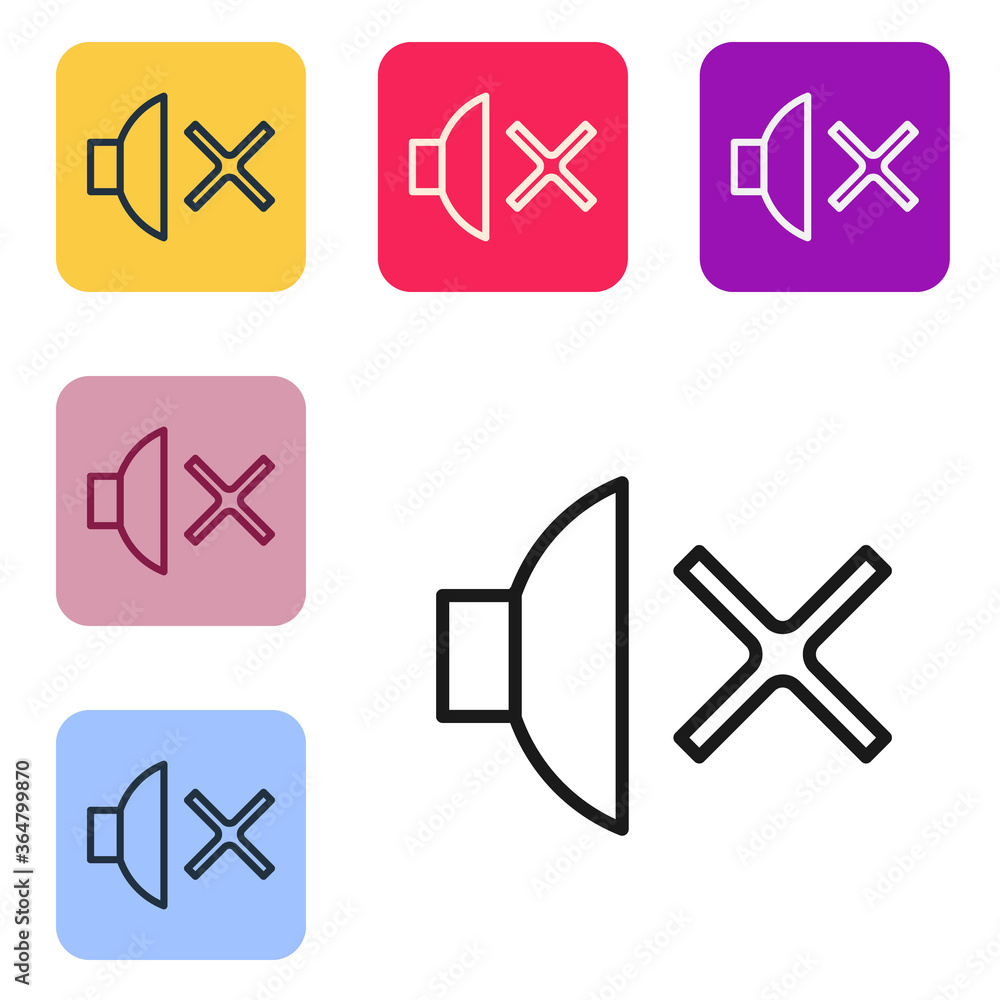 黑线扬声器静音图标隔离在白色背景上。无声音图标。音量关闭符号。设置ico