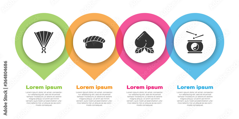 套装纸质中国折扇、寿司、蜜桃和中国鼓。商业信息图模板.V