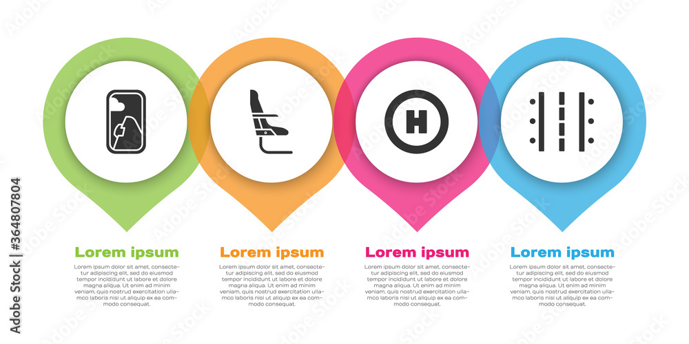 Set Airplane window, Airplane seat, Helicopter landing pad and Airport runway. Business infographic 