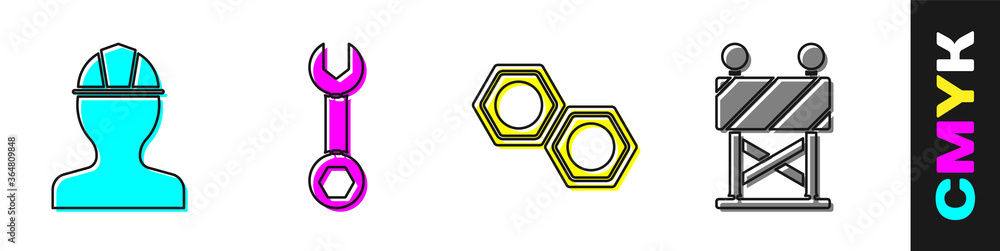 设置工人安全帽、扳手、六角金属螺母和道路护栏图标。矢量。