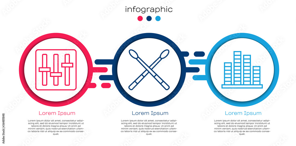 设置线路混音器控制器、鼓槌和音乐均衡器。商业信息图模板。Vec